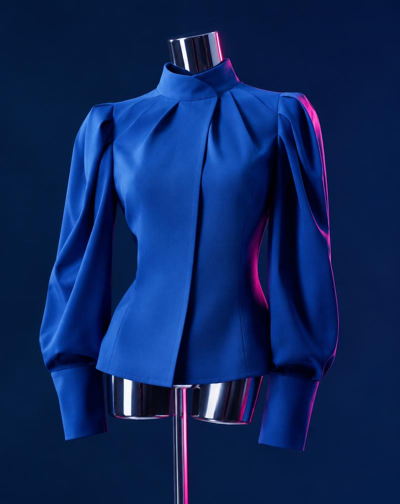 Blusa azul estruturada em manequim cromado