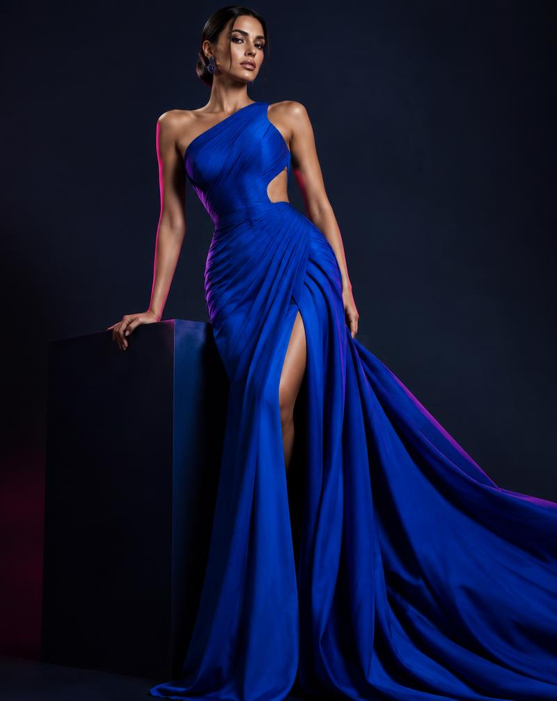 Vestido longo azul em ensaio editorial